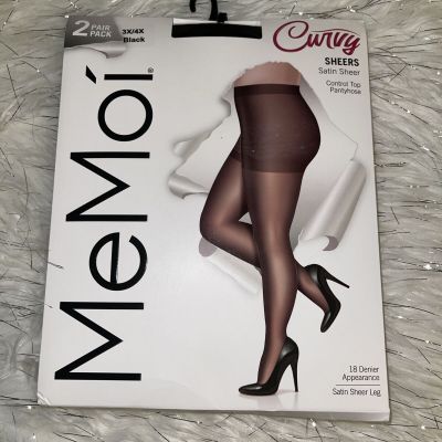 MeMoi Silky Sheer Curvy Control Top Pantyhose  2 Pair  3X / 4X black